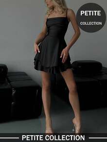 女士纯黑色优雅简约深V领双层荷叶边露背抽绳吊带迷你连衣裙 夏季 - 黑色 - 查看 6