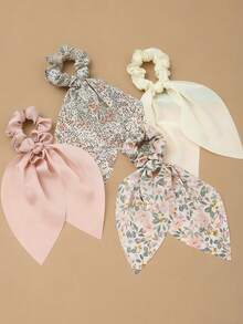 4pcs Women's Simple Solid Color & Floral Hair Scrunchies, Rabbit Ear Hair Ties, Suitable For Daily Wear In Spring And Summer Ponytail Holders Scrunchy,Holiday,Travel - Multicolor - View 8