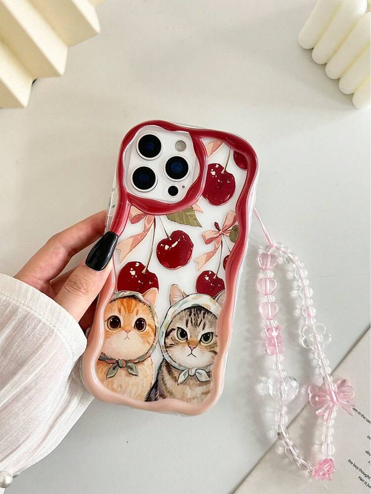 Cream Wavy Edged Glossy Cherry Cat Painted Anti-Drop Phone Case With Beaded Bracelet Accessory, Compatible With IPhone 17pro/17Air /17/17promax16/11/16pro/16plus/16promax/16e/15Promax/13/14/12/XS/XR/7G/8P, Galaxy A17/A07/S26/S26PLUS/S26 Ultra S25/S25PLUS/S25 Ultra/A16/A36, 11/12Pro/12/12X/13Pro/14Pro/15Pro/, 10/9/Note9/12c/Note11pro/Note8Pro - Multicolor - View 3
