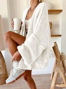 Women's Loose-Fit Plain Sweater, Casual Fall & Winter Knitwear, Lantern Sleeve Design, Moderate Fabric Thickness, Comfortable Daily Wear White - 棕色 - 查看 1