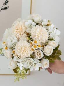 1束人造绣球花束，仿真玫瑰，适合春秋季装饰、婚礼花瓶、家居、餐厅、卧室、厨房、房间装饰、节日和生日派对、户外花园装饰 - 白色 - 查看 8