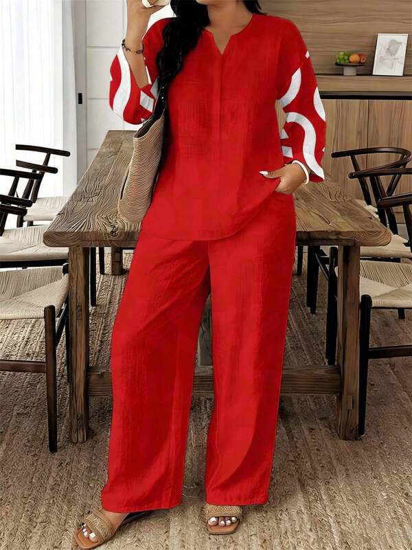 Un conjunto de pantalones largos y blusa de manga corta con solapa para mujer talla grande en color rojo sólido, de estilo minimalista, audaz y festivo, de tela tejida, suelto y cómodo, adecuado para ocasiones de negocios ligeros en verano.