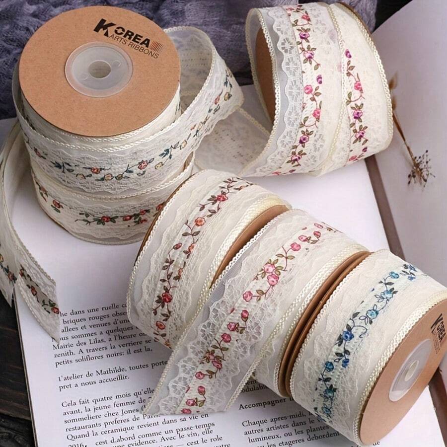 Vải ren rỗng họa tiết hoa, khổ 1/5 thước Anh, dùng để tự làm nơ, phụ kiện tóc, ren thêu, ruy băng trang trí, gói quà, trang trí hoa, may vá và làm đồ thủ công cho người mới bắt đầu. - nhiều màu - Xem 1