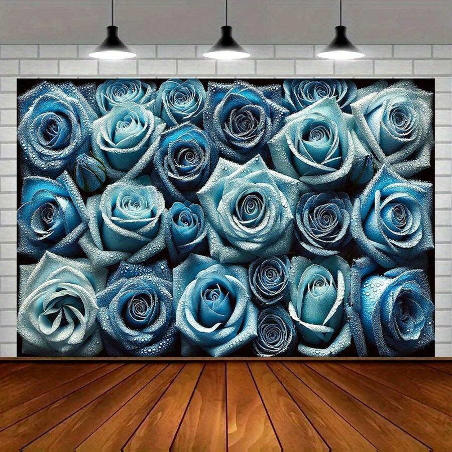 Blue Roses & Pearls Delicacy - 8x6ft Polyester Party Banner, Versatile Decor For Holidays, Home, Garden, Studio Celebrations - Vibrant Colors - 如圖所示 - 查看 1
