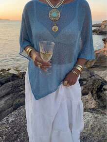 春夏新款女士时尚休闲轻薄针织蓝色罩衫，不对称下摆设计，套头无袖上衣，波西米亚风格，适合海滩度假、海滩派对、户外旅行、假日约会 - 藏蓝色 - 查看 1