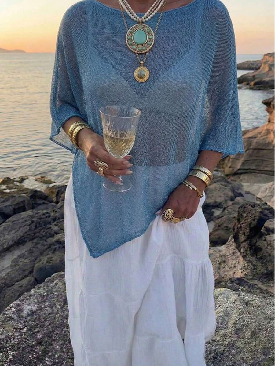 春夏新款女士时尚休闲轻薄针织蓝色罩衫，不对称下摆设计，套头无袖上衣，波西米亚风格，适合海滩度假、海滩派对、户外旅行、假日约会 - 藏蓝色 - 查看 1