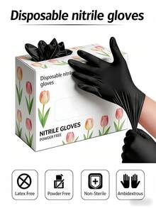 100pcs Black Disposable Nitrile Gloves, Latex & Powder Free, For Household Cleaning, Kitchen Use (Random Style) - Multicolor - View 1