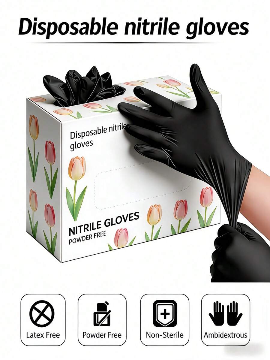100pcs Black Disposable Nitrile Gloves, Latex & Powder Free, For Household Cleaning, Kitchen Use (Random Style) - Multicolor - View 1
