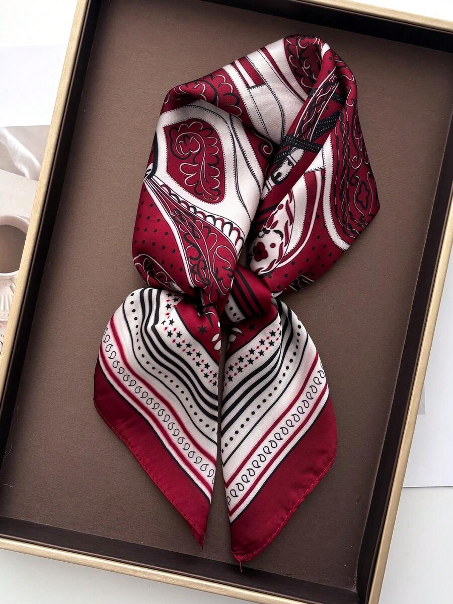1pc Square Satin Paisley Print Women's Headscarf Scarf Bag Accessory - Burgundy - View 1