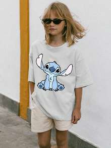 Official Authorization Disney Lilo & Stitch Front Back Print Kids T-Shirt, Boys Girls Cute Stitch Graphic Short Sleeve Tee, Summer Casual Tops For Daily Wear Theme Park, Children's Clothing Holiday Gift - trắng - Xem 2