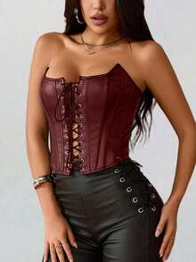 Apperloth A 性感过胸束身胸衣 PU 皮革带骨露脐抹胸上衣 女士系带前开后露背塑身衣 万圣节服装 感恩节服装 - 酒紅色 - 查看 6