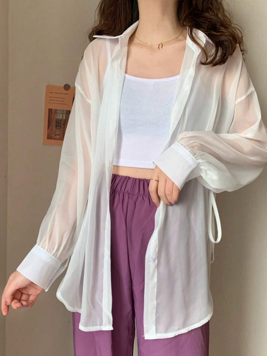 Solid Color Drop Shoulder Long Sleeve Loose Casual Versatile Shirt White Summer - White - View 1