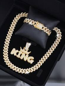 3件套嘻哈时尚首饰套装，不锈钢男士十字架项链配多层链，水钻手链，男女皆宜的完美礼物 - 銀色 - 查看 9