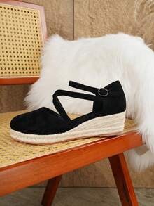 Women's Elegant One-Strap Buckle Wedge Platform Casual Shoes, Suitable For All Seasons - Black - View 5