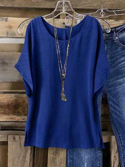 Áo sơ mi nữ cỡ lớn, màu trơn, cổ tròn, tay ngắn, kiểu dáng thường ngày, thích hợp cho kỳ nghỉ.