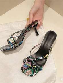 Women's Snake Skin Stiletto Slide Sandals - Square Toe Stilettos Design, Summer Fashion High Heel Mules, Suitable For Party And Daily Outfit, Fashionable And Versatile, Pairs Well With Dresses - Color - View 2