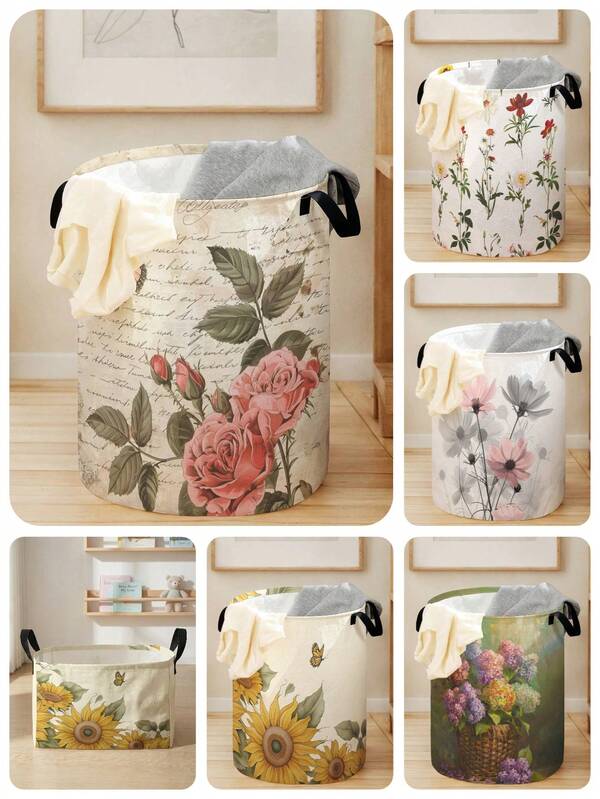 1 件卡通花朵图案可折叠圆形收纳篮带手柄，大容量多用途储物箱，适用于育儿室、婴儿尿布、衣服、玩具整理