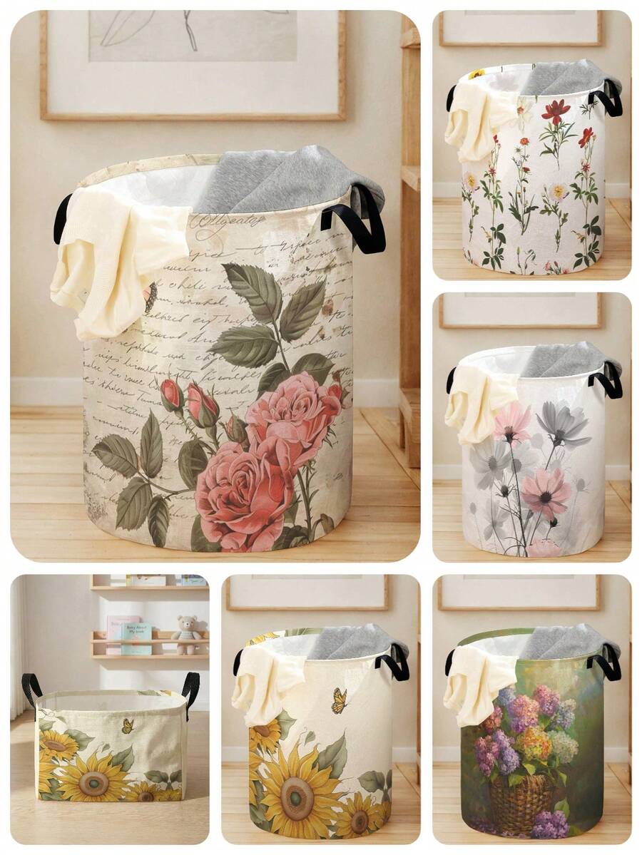 1pc Cartoon Flower Pattern Foldable Round Storage Basket With Handle, Large Capacity Multi-Purpose Storage Bin For Nursery, Baby Diaper, Clothes, Toys Organization