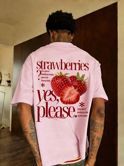 Fractyr Camiseta de manga corta con estampado de letra de fresa de estilo minimalista y moda de verano para hombres | Estilo básico, casual de calle