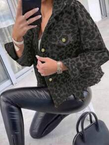 女士豹纹落肩长袖单排扣休闲牛仔外套 春季款 - 灰色 - 查看 2