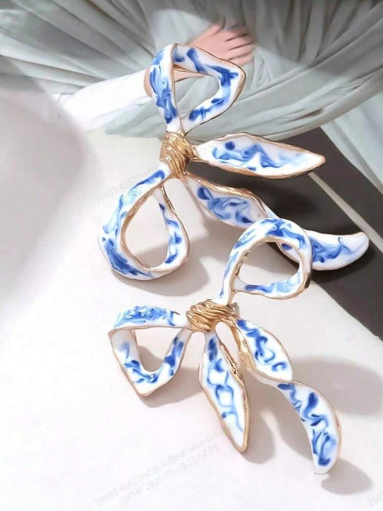 一对欧美复古艺术蝴蝶结设计耳环，创意优雅瓷器风格耳环 - 彩色 - 查看 4