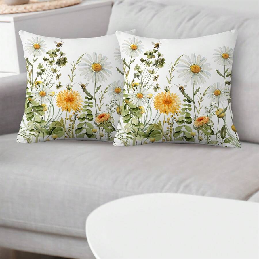 Bộ 2 vỏ gối họa tiết hoa cúc, ong, xuân hè, thích hợp cho ghế và sofa phòng khách. - 2pcs - Xem 1