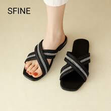 1 đôi dép lê đính hạt kiểu đan chéo mới, thích hợp cho mùa xuân/hè, dép đế bằng độc đáo, dép quai đôi, dép hở mũi, dép nhẹ, chống trượt, bền chắc, dép thời trang tối giản mới, thích hợp đi biển, đi nghỉ mát, dép đi trong nhà thông thường. - màu đen - Xem 3