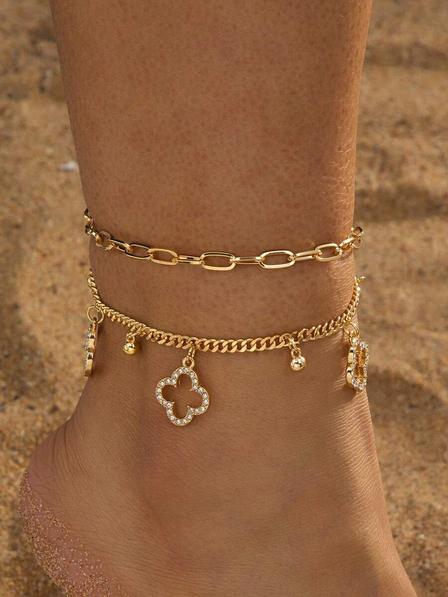 1条甜美清新夏日度假风闪亮金色四叶草吊坠双层脚链，适合海滩、旅行、晚宴佩戴 - 金黃色 - 查看 1