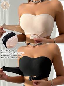 2 piezas Sujetadores de mujer con cierre frontal acanalado de coloresúltiples, sujetadores inalámbricos acolchados con broche frontal, sujetadores sin tirantes - Multicolor 2 - Ver 2
