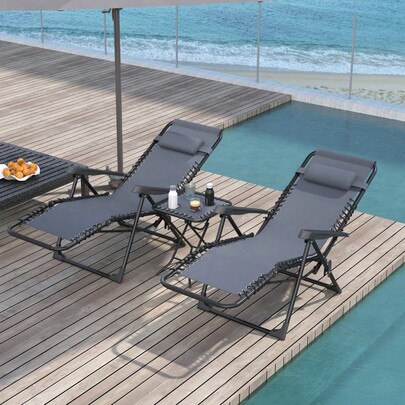 Set Of 2 Zero Gravity Folding Sun Loungers With Headrest And Side Table With 2 Cup Holders.