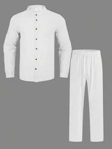 1 Conjunto de ropa básica holgada y ligera para hombre, camisa de manga larga con botones y cuello, color azul claro + pantalones rectos, para verano - Blanco - Ver 2