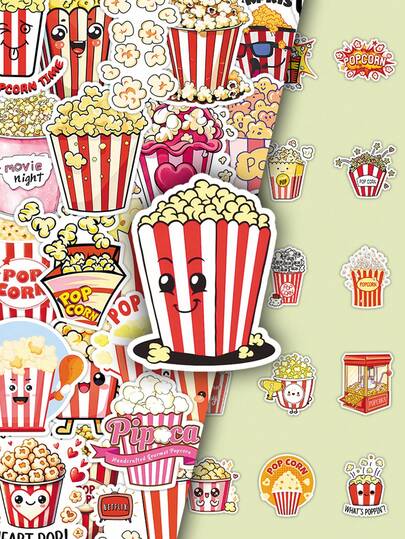 50 piezas de pegatinas de graffiti de palomitas de maíz de dibujos animados, decoración de dibujos animados divertidos para equipaje, monopatín, suministros de papelería, álbumes de recortes