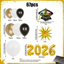 67件套2026毕业拱门套装，包含多种尺寸的黑色、白色、金色乳胶气球、金色星爆气球、毕业帽气球和2026铝箔气球，适用于毕业派对装饰、2026毕业派对、校园毕业主题派对、毕业典礼、校园装饰、黑金主题毕业派对、拍照区等。 - 彩色 - 查看 7