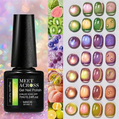 MEET ACROSS 7毫升水果篮猫眼磁性凝胶指甲油，可卸UV/LED光疗甲油，夏季猫眼指甲油，美甲用品，闪亮玻璃珠，绿紫色猫眼美甲沙龙DIY