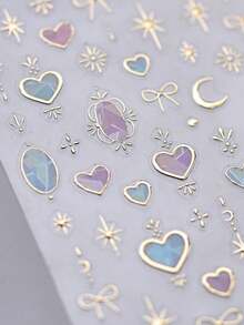 Bộ sticker dán móng tay 5D "Shining Galaxy" - Họa tiết trái tim, mặt trăng và nơ hologram với nhũ lấp lánh Aurora, dạng thạch tự dính, thích hợp cho việc trang trí móng tay DIY. - Nhiều màu - Xem 3