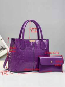 新款时尚女士母女包套装，亮面鳄鱼纹压花皮革大容量手提包 - 紫色 - 查看 4
