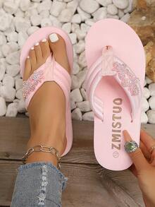 2026 Summer Women's Rhinestone Flower Thong Sandals, Comfortable Thick Sole Casual Beach Slippers - Pink - View 5