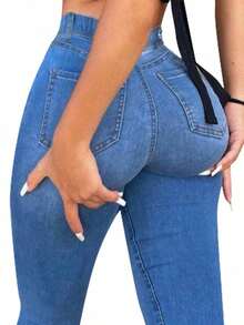This Brand New Blue Y2K High-Waisted Slimming Stretch Denim Jeans Feature An Elegant And Fashionable Design, Versatile And Practical, Suitable For Casual, Street, And Retro Styles.It Is Suitable For All Seasons And Is Also An Ideal Choice For New Year And Valentine's Day. - 中藍色 - 查看 12