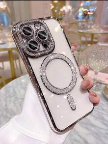 1PC Silver 2026 Advanced Shiny Rhinestone Phone Case, Compatible With IPhone 17 Apple Air 17e 16 15 14 13 12 11 Pro Max Plus, Magnetic Clear Lens Protection - Silver - View 5