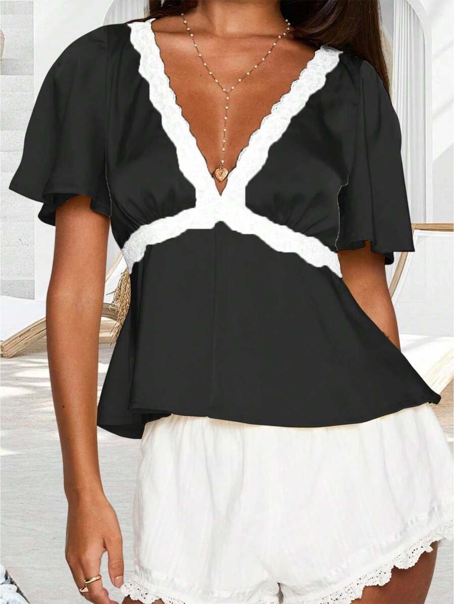 Women Lace Trim Tops V Neck Split Short Sleeve Ruffle Shirts Casual Summer Streetwear - 黑色 - 查看 1