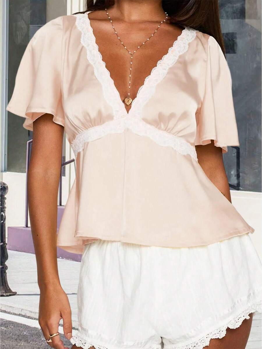 Women Lace Trim Tops  V Neck Split Short Sleeve Ruffle Shirts Casual Summer Streetwear - Rượu sâm banh - Xem 1