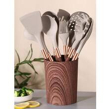 Bộ dụng cụ nhà bếp silicon mới 11 món, chảo chống dính cán gỗ vân mạ vàng, thìa và muỗng chịu nhiệt. - A - Xem 11