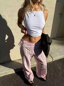 Pantalones anchos de pierna ancha con cordón y cremallera de tela tejida a rayas para mujer, ajuste relajado para festival de música campestre, primavera y verano - Rosa - Ver 3