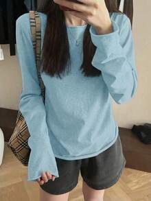 Áo thun dài tay dáng rộng, xắn gấu, chất vải mỏng, ôm sát, thích hợp mặc nhiều lớp vào mùa xuân. - Màu xanh lam - Xem 3