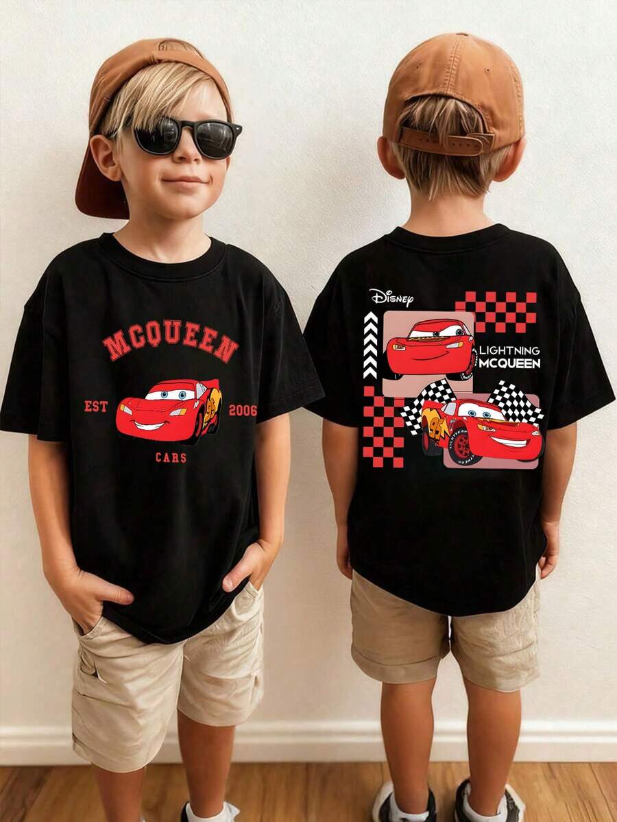 Disney's *Cars* "Lightning McQueen-No. 95" Graphic Summer T-Shirt-A Perfect Gift For Children, Suitable For Both Boys And Girls To Wear During Holiday Parties, Family Meals, Outdoor Activities, Travel, And Visits To Disney Parks. - 黑色 - 查看 1