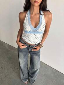 Camiseta de tirantes corta de mujer, top corto de verano con estampado de lunares y encaje, con lazo delantero, adecuado para uso diario, fiestas y citas informales, color blanco - Blanco - Ver 2