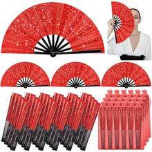 24 Pcs Large Folding Hand Fans for Line Dancing Fan with Bag Clapping Popping Raves Fans Bulk for Wedding EDM Club Party Decoration Red - Rojo - Ver 1