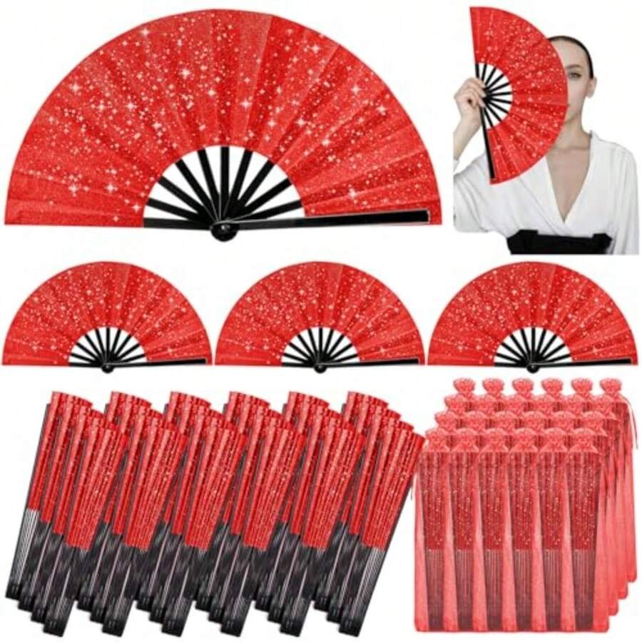 24 Pcs Large Folding Hand Fans for Line Dancing Fan with Bag Clapping Popping Raves Fans Bulk for Wedding EDM Club Party Decoration Red - Rojo - Ver 1