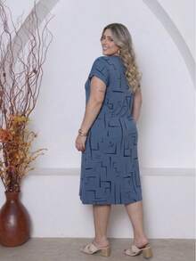 Plus Size Printed Midi Knit Dress - 藍色牛仔褲 - 查看 3