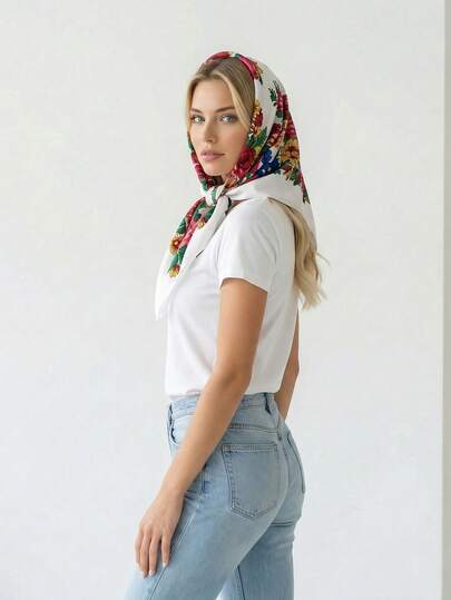 1pc Women's Printed Square Scarf, Elegant Versatile Vintage Scarf, Lightweight Women's Small Shawl Muslim Warm Headscarf Dust Proof Scarf